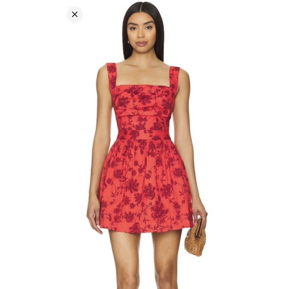 Free People Meet Me In Maui Red Printed Dress Size‎ Medium Pinafore Bow
